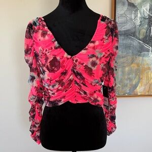 Floral Hot Pink Ruched Mesh Women's Top